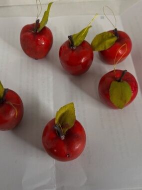 LOT 6 Shiny Lacquered RED APPLES Silk Leaves Christmas Ornaments Country Decor